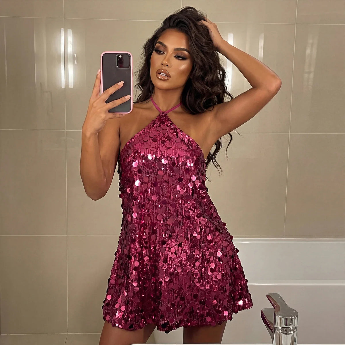 Women's Sequin Halter Mini Dress