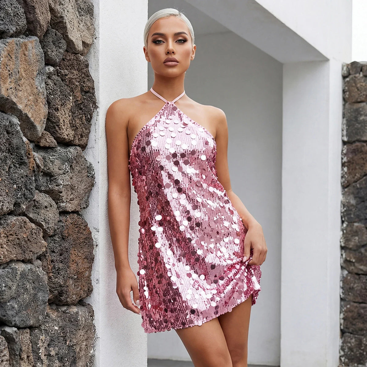 Women's Sequin Halter Mini Dress